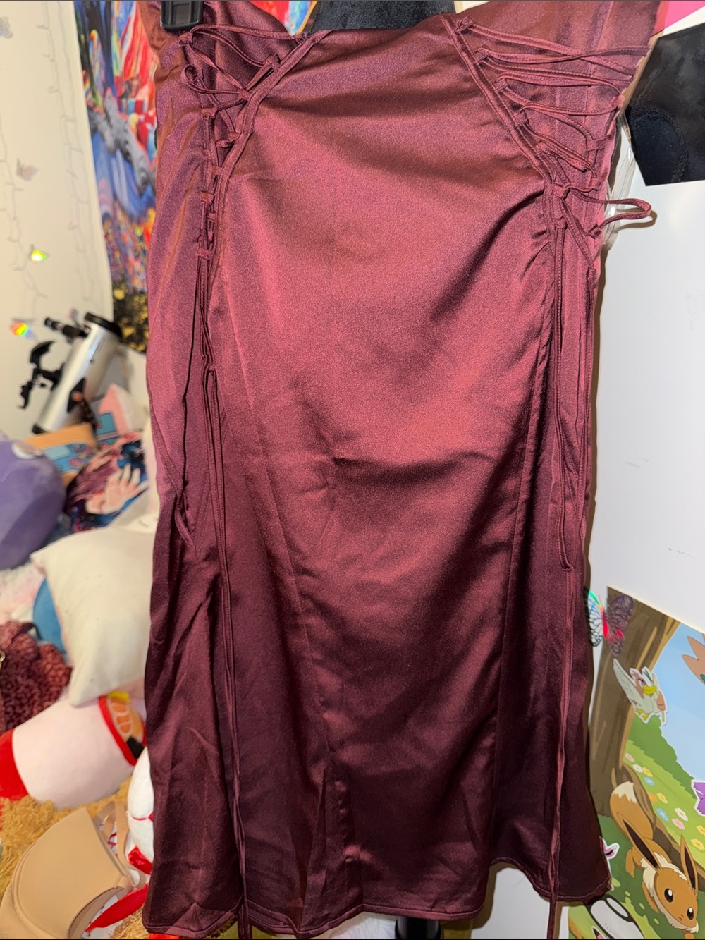 House of CB Burgundy Lace-Up Satin Maxi Skirt